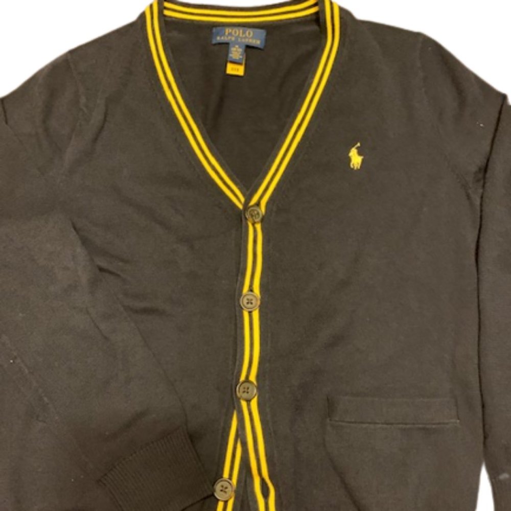 POLO Ralph Lauren Navy Blue Boy's Cardigan with Yellow Stripes & Emblem size med